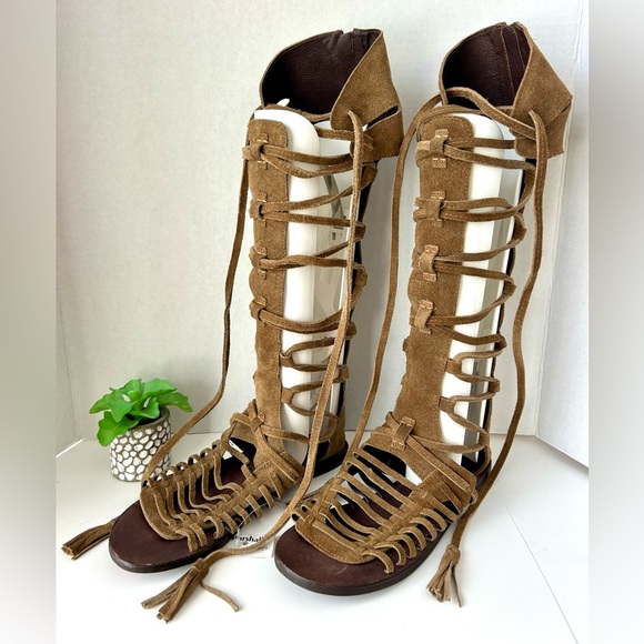 Free People Sun Seeker Tall Gladiator Sandal Brown Suede Lace-Up Size 39 NWT - Picture 2 of 13
